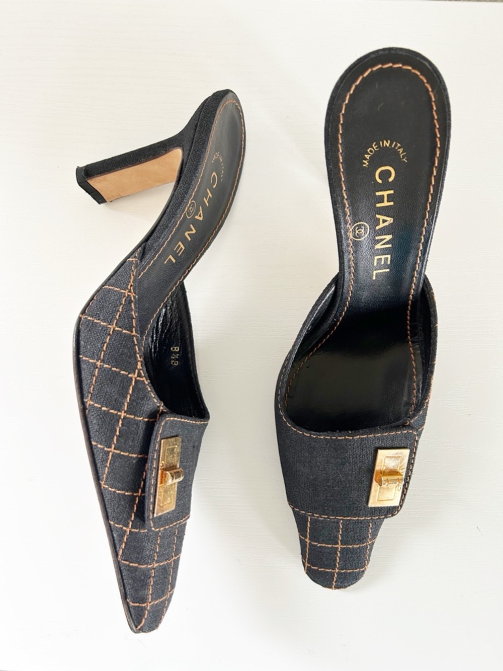 Chanel Vintage Dark Denim Turnlock Quilted Mule Heels Size EU 38.5